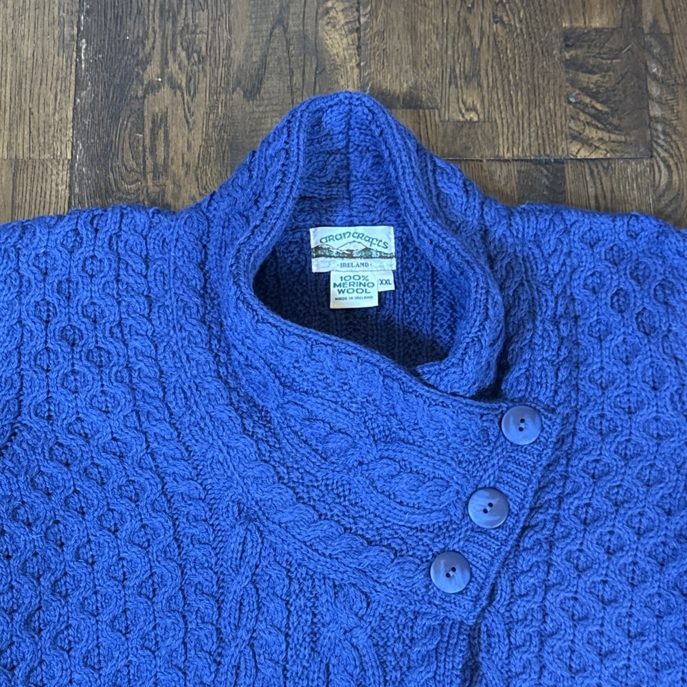 Aran Crafts XXL Soft Blue Merino Wool Chunky Collar 3 Button long Cardigan Coat - Picture 4 of 7